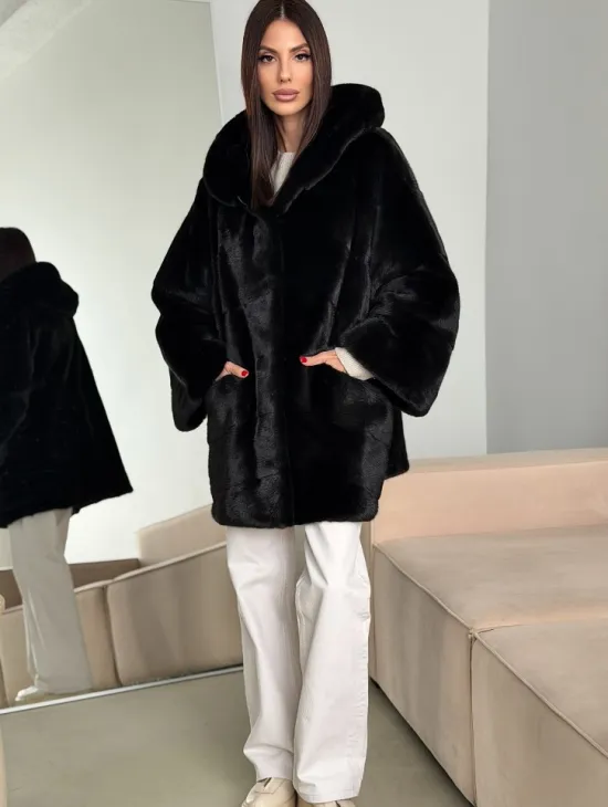 Норка шуба BLACKGLAMA паркет кимоно с капюшоном