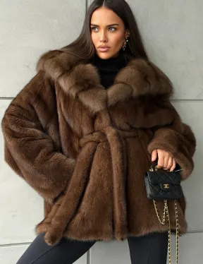 Полушубок норковый летучая мышь - капюшон куница