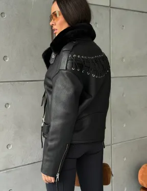 Черная короткая дубленка авиатор