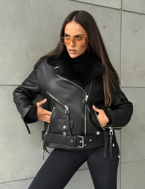 Черная короткая дубленка авиатор