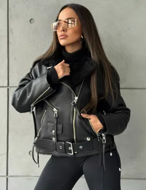 Черная короткая дубленка авиатор