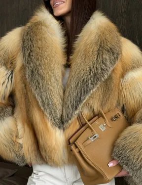 Полушубок-кроп с шалевым воротником из лисы