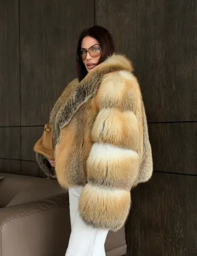 Полушубок-кроп с шалевым воротником из лисы