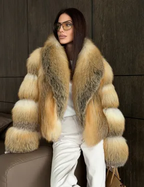 Полушубок-кроп с шалевым воротником из лисы