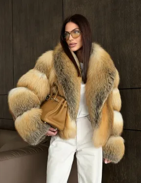 Полушубок-кроп с шалевым воротником из лисы