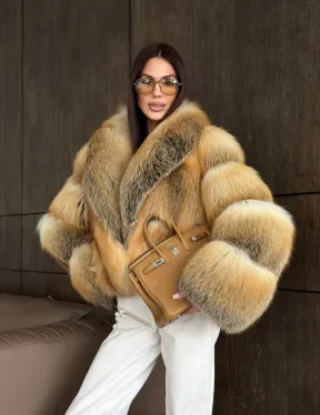 Полушубок-кроп с шалевым воротником из лисы