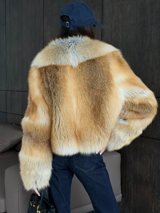 Полушубок-кроп с большим шалевым воротником из меха лисы Golden Sunrise