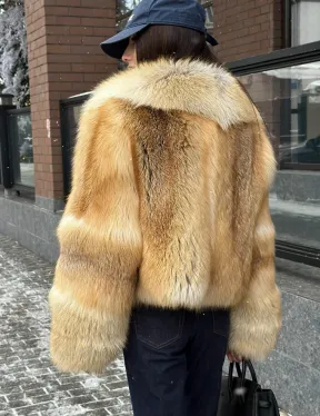 Полушубок-кроп с большим шалевым воротником из меха лисы Golden Sunrise