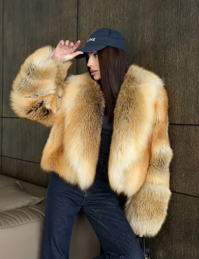 Полушубок-кроп с большим шалевым воротником из меха лисы Golden Sunrise