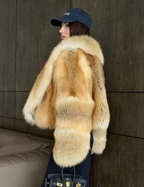 Полушубок-кроп с большим шалевым воротником из меха лисы Golden Sunrise