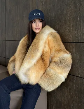 Полушубок-кроп с большим шалевым воротником из меха лисы Golden Sunrise