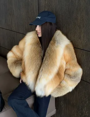 Полушубок-кроп с большим шалевым воротником из меха лисы Golden Sunrise