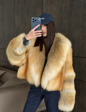 Полушубок-кроп с большим шалевым воротником из меха лисы Golden Sunrise