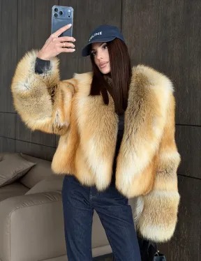 Полушубок-кроп с большим шалевым воротником из меха лисы Golden Sunrise