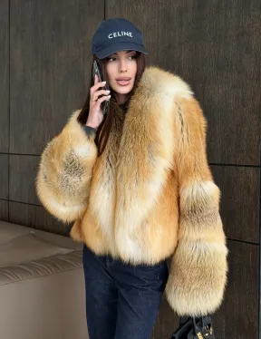 Полушубок-кроп с большим шалевым воротником из меха лисы Golden Sunrise