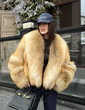 Полушубок-кроп с большим шалевым воротником из меха лисы Golden Sunrise