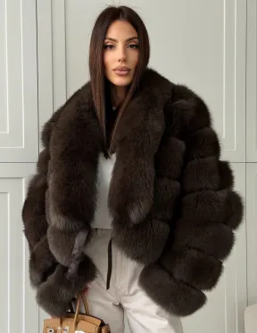 Полушубок-кроп из песца с шалевым воротником