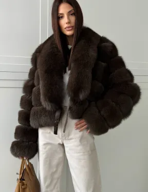 Полушубок-кроп из песца с шалевым воротником