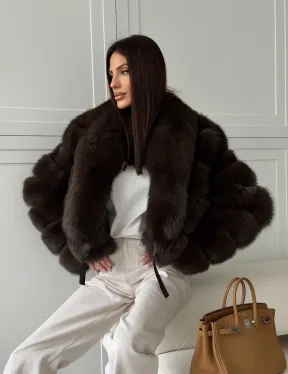 Полушубок-кроп из песца с шалевым воротником