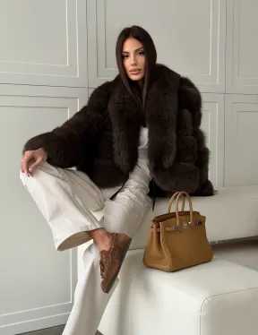 Полушубок-кроп из песца с шалевым воротником