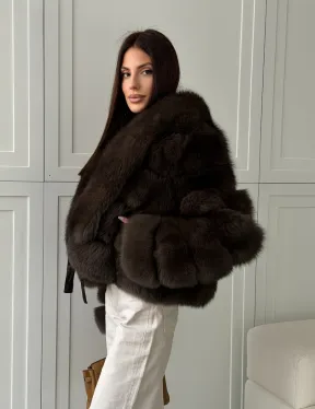 Полушубок-кроп из песца с шалевым воротником