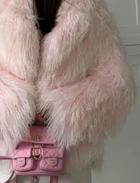 Шуба из меха ламы - цвет розовый