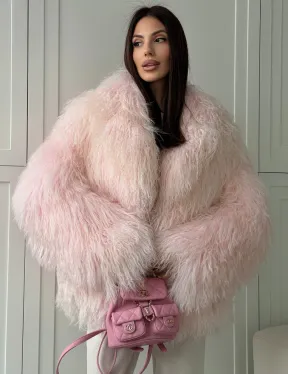 Шуба из меха ламы - цвет розовый