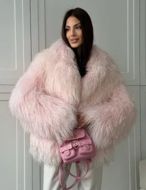 Шуба из меха ламы - цвет розовый