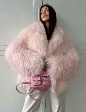Шуба из меха ламы - цвет розовый
