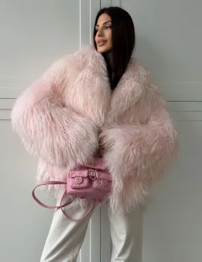 Шуба из меха ламы - цвет розовый