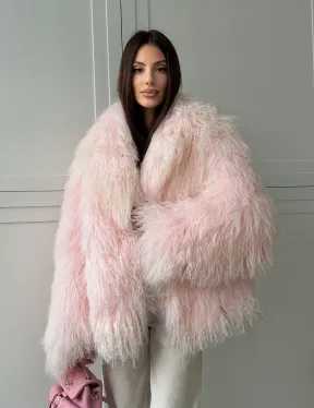 Шуба из меха ламы - цвет розовый