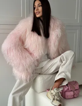 Шуба из меха ламы - цвет розовый