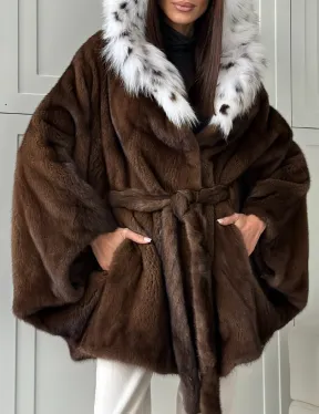 Норковая шуба с капюшоном по рысь
