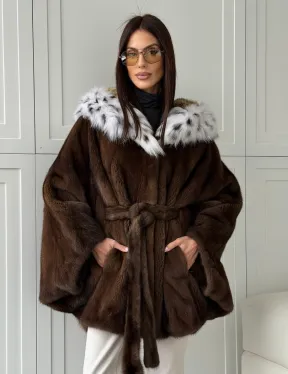 Норковая шуба с капюшоном по рысь
