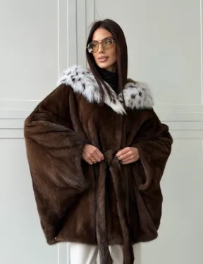 Норковая шуба с капюшоном по рысь