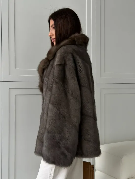 Шуба норковая автоледи - воротник куница (серый)