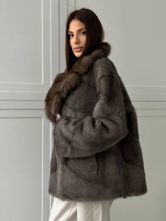 Шуба норковая автоледи - воротник куница (серый)