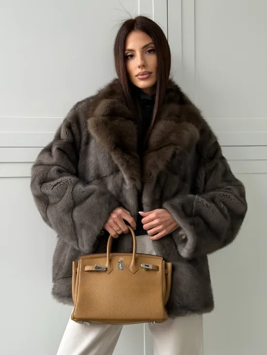 Шуба норковая автоледи - воротник куница (серый)