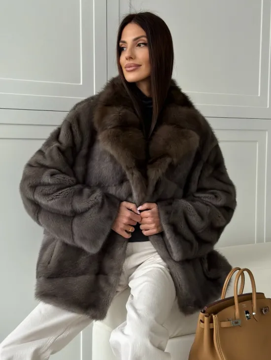 Шуба норковая автоледи - воротник куница (серый)