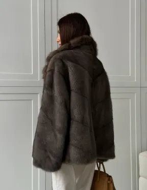 Шуба норковая автоледи - воротник куница (серый)