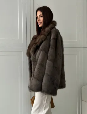 Шуба норковая автоледи - воротник куница (серый)