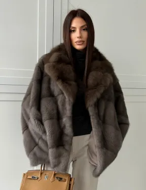Шуба норковая автоледи - воротник куница (серый)