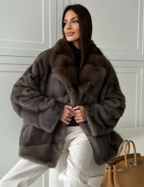 Шуба норковая автоледи - воротник куница (серый)