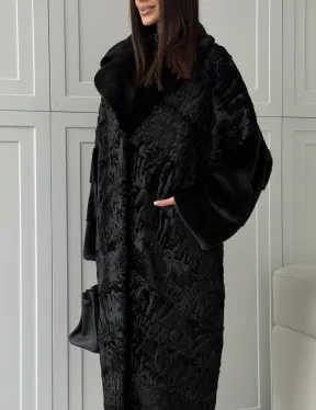Черная шуба из каракуля с норкой