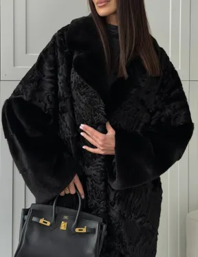 Черная шуба из каракуля с норкой