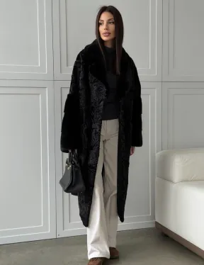 Черная шуба из каракуля с норкой