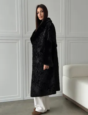 Черная шуба из каракуля с норкой