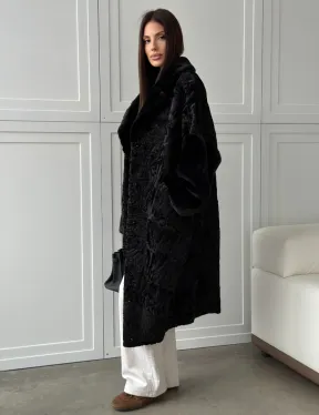 Черная шуба из каракуля с норкой