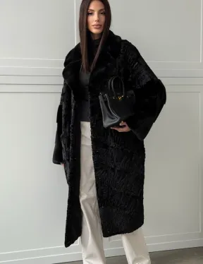 Черная шуба из каракуля с норкой