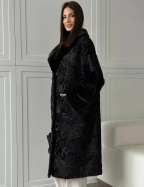 Черная шуба из каракуля с норкой
